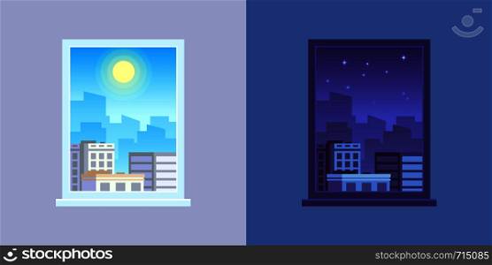 Window view. Day and night, apartment windows views. Morning and evening architecture house room cityscape cartoon vector concept. Window view. Day and night cartoon vector concept