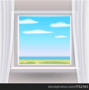 Window, view on landscape, spring, interior, curtains Vector illustration template realistic banner. Window, view on landscape, spring, interior, curtains. Vector illustration template realistic