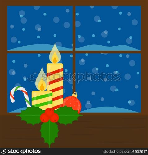 Window with Candles. Vector illustration of snow covered window with glowing candles, with Christmas decorations and falling snow.