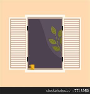 Window with homeplant and a cup of coffee on the windowsill. Large window with curtains and open shutters vector illustration. Window isolated on the wall of the building. Room ventilation, fresh air. Window with flowerpots. Large window with curtains and open shutters vector illustration