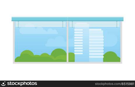 Window with Jalousie. Nature landscape outside the window with jalousie. Blue sky with clouds and green trees. Nature landscape background. Home or office interior element. Isolated object on white background.