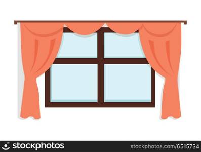 Window with Red Curtains. Window with red curtains on white wall background. Fragment of the home interior. Home window view. Vintage curtain. Curtains icon. Window icon. Flat vector illustration on white background.