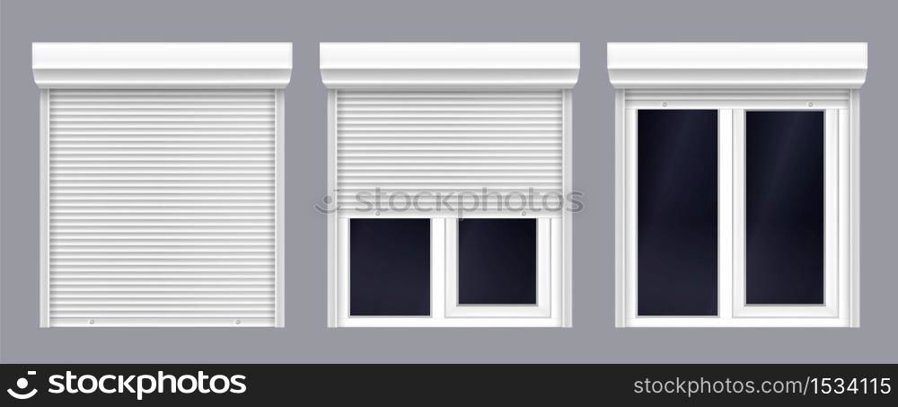 Window with roller shutter up and close. Plastic pvc double casement blinds. Opened and shut front view. Home facade design elements isolated on transparent background realistic 3d vector illustration. Double window with roller shutter up and close