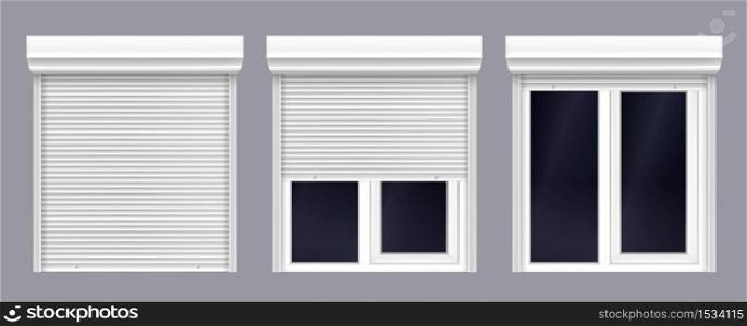 Window with roller shutter up and close. Plastic pvc double casement blinds. Opened and shut front view. Home facade design elements isolated on transparent background realistic 3d vector illustration. Double window with roller shutter up and close