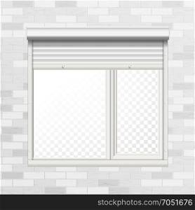Window With Rolling Shutters Vector. Brick Wall. Front View. Illustration.. Vector Rolling Shutters. Brick Wall. White Metallic Roller Shutter Illustration.