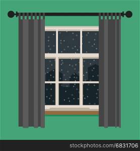 Window with view of the winter landscape.. Window with view of the winter landscape. Vector flat illustration.