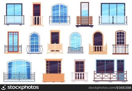 Windows and balconies. Architecture house facade with modern and classic balcony doors, casement frames and railings vector set. Facade balcony construction, architecture apartment illustration. Windows and balconies. Architecture house facade elements with modern and classic balcony doors, casement frames and railings vector set