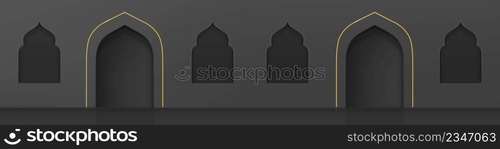 Windows and doors arches on arab building facade. Vector realistic illustration of mosque, islamic and oriental architecture with traditional arabic doorway and window frames in black wall. Windows and doors arches on arab building facade