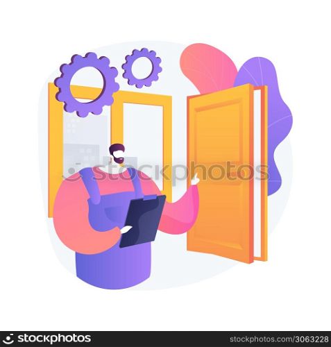 Windows and doors services abstract concept vector illustration. Replacement and installation, window and door maintenance and repair contractor, broken glass, fly screen, patio abstract metaphor.. Windows and doors services abstract concept vector illustration.
