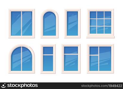Windows. Architectural glass object window rame different types outdoor garish vector set. Illustration glass facade window, decoration structure building. Windows. Architectural glass object window rame different types outdoor garish vector set