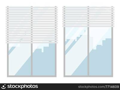 Windows closed with light blinds flat vector illustration. Interior elements isolated on white background. Jalousie hang next to a framed glass windows. Interior design of a room in the office. Windows closed with light blinds vector illustration. Interior elements isolated on white background