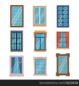 Windows frames flat. Colorful various window frame wooden and plastic with sills front view, exterior architectural house wall. Building modern and classic exterior elements. Vector isolated set. Windows frames flat. Colorful various window frame wooden and plastic with sills front view, exterior architectural house wall. Building modern and classic exterior vector isolated set