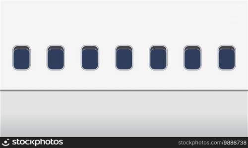 Windows of airplane outside. Exterior of plane in flight. View on windows of aircraft. Mockup of airplane for travel. White aeroplane with glass blue windows. Realistic porthole for passenger. Vector.. Windows of airplane outside. Exterior of plane in flight. View on windows of aircraft. Mockup of airplane for travel. White aeroplane with glass blue windows. Realistic porthole for passenger. Vector