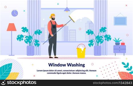 Windows Professional Washing, Home and Office Cleaning Service Trendy Vector Advertising Banner, Promo Poster Template. Male Worker in Overall Cleaning, Washing Apartment Windows with Mop Illustration