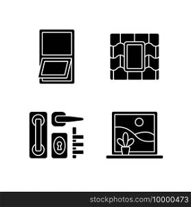 Windows replacement service black glyph icons set on white space. Awning windows. Venting skylight. Door hardware. Opening outward from bottom. Silhouette symbols. Vector isolated illustration. Windows replacement service black glyph icons set on white space