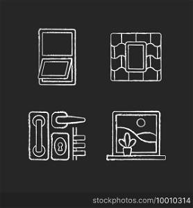 Windows replacement service chalk white icons set on black background. Awning windows. Venting skylight. Door hardware. Opening outward from bottom. Isolated vector chalkboard illustrations. Windows replacement service chalk white icons set on black background