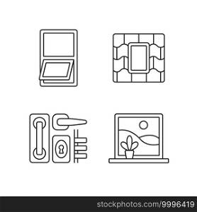 Windows replacement service linear icons set. Awning windows. Venting skylight. Door hardware. Customizable thin line contour symbols. Isolated vector outline illustrations. Editable stroke. Windows replacement service linear icons set
