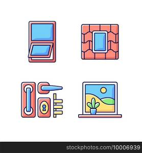 Windows replacement service RGB color icons set. Awning windows. Venting skylight. Door hardware. Opening outward from bottom. Installing into house ceiling. Isolated vector illustrations. Windows replacement service RGB color icons set