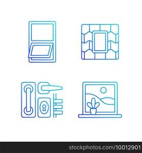 Windows replacement service RGB color icons set. Awning windows. Venting skylight. Opening outward from bottom. Thin line contour symbols bundle. Isolated vector outline illustrations collection. Windows replacement service RGB color icons set