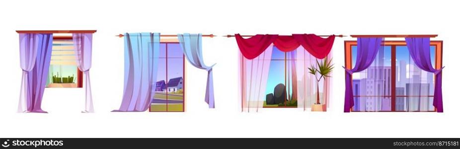Windows with curtains and different views outside. Vector cartoon set of house interior elements, window with drapes and blind with summer backyard landscape, cityscape and suburb street outside. Windows with curtains and different views outside