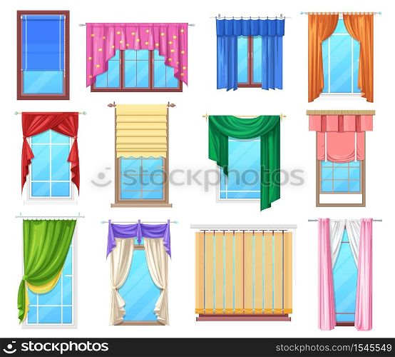 Windows with curtains and jalousie, vector interior design elements. Plastic windows frames with fabric drapery and roller blinds. White pvc and wooden brown sills, transparent home glasses set. Windows with curtains and jalousie vector interior