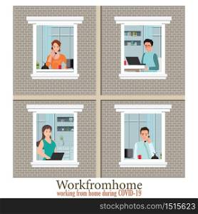 Windows with Employees are working from home to avoid spreading COVID-19. The concept of social isolation during the coronavirus pandemic. conceptual vector illustration.
