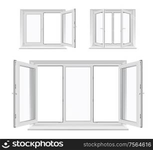 Windows with opened casements, vector white plastic frames, sills and glass panes, architecture and interior design. Realistic 3d windows with PVC, metal or aluminum profiles, locking handles. Opened windows of white plastic frames and sills