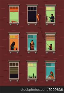 Windows with people. Opened window neighbors people communicate apartment building exterior exercising at home morning. Cartoon illustration. Windows with people. Opened window neighbors people communicate apartment building exterior exercising at home morning