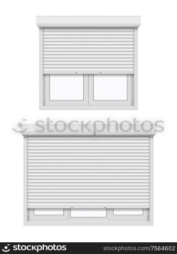 Windows with roller shutters, half opened. Vector 3d realistic white plastic casement windows with metal or aluminum rolling blinds and UPVC frame profiles, house and office security, construction. White casement windows with roller shutters