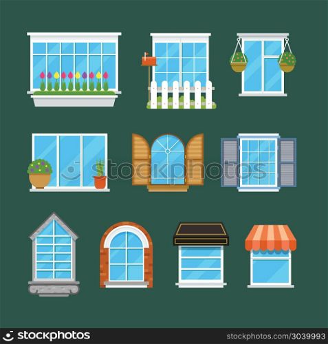 Windows with window sills curtains flowers balconies flat vector set. Windows with window sills curtains flowers balconies flat vector set. Variety plastic architectural windows illustration