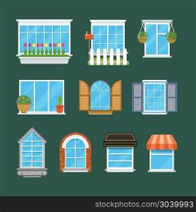 Windows with window sills curtains flowers balconies flat vector set. Windows with window sills curtains flowers balconies flat vector set. Variety plastic architectural windows illustration