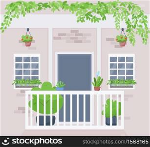 Windowsill urban garden flat color vector illustration. Potted and hanging houseplants outside building apartment. Home plant cultivation 2D cartoon exterior with building wall on background. Windowsill urban garden flat color vector illustration