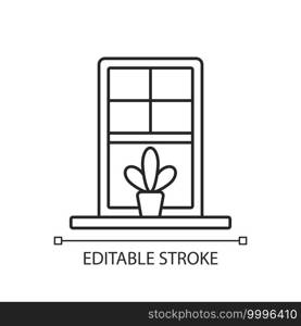 Windowsills linear icon. Window ledge. Horizontal structure, surface at window bottom. Thin line customizable illustration. Contour symbol. Vector isolated outline drawing. Editable stroke. Windowsills linear icon