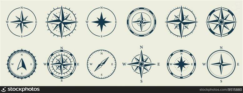 Windrose Silhouette Icon Set. Compass Nautical Navigator Cartography Glyph Pictogram. Rose Wind Navigator Icon. Adventure Direction to North South West East Sign. Isolated Vector Illustration.. Windrose Silhouette Icon Set. Compass Nautical Navigator Cartography Glyph Pictogram. Rose Wind Navigator Icon. Adventure Direction to North South West East Sign. Isolated Vector Illustration
