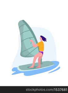 Windsurfer racing through the waves. Extreme surfer concept sailing, windsurfing, water active sport. Vector drawing in flat style.. Windsurfer racing through the waves. Extreme surfer concept
