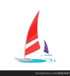 Windsurfing Concept Vector in Flat Design.. Windsurfing conceptual vector. Flat style design. Active vacation on tropical sunny seaside. Water sport and entertainment. Swimming and windsurfing on the coast Isolated on white background.