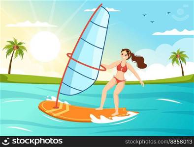 Windsurfing with the Person Standing on the Sailing Boat and Holding the Sail in Extreme Water Sport Flat Cartoon Hand Drawn Templates Illustration