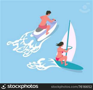 Windsurfing woman and driving on water bike man, back view of people in sea, female surfing and male going on jetski, summer activity and waves vector. Windsurf and Water bike, Ocean Activity Vector