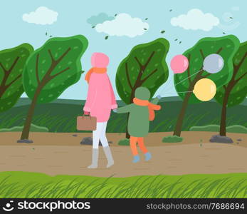Windy autumn cold weather, mom wears pink jacket, child in green down jacket with colorful balls, back view, walk through autumn park. Wind tilts the trees. Fall weather, leaf fall. Clouds in the sky. Mom and child with balls walking in autumn park, cold windy weather, trees are sloping from wind