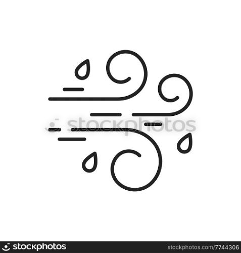 Windy rainy sign isolated outline icon. Vector blowing wind and hail mixed rain, cold weather symbol. Curve lines and drops, strong storm swirls, climate, meteorology and temperature sign. Blowing wind, rainy weather and mixed hail rain