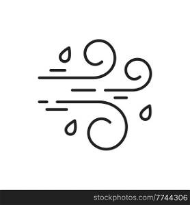 Windy rainy sign isolated outline icon. Vector blowing wind and hail mixed rain, cold weather symbol. Curve lines and drops, strong storm swirls, climate, meteorology and temperature sign. Blowing wind, rainy weather and mixed hail rain