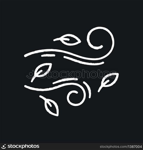Windy weather chalk white icon on black background. Autumn season meteo forecast, meteorology. Wind speed and strength prediction. Cool breeze with leaves isolated vector chalkboard illustration. Windy weather chalk white icon on black background