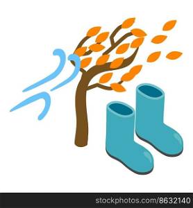 Windy weather icon isometric vector. Gust of wind autumn tree and rubber boot. Autumn stormy weather, seasonal footwear, blue gumboot. Windy weather icon isometric vector. Gust of wind autumn tree and rubber boot