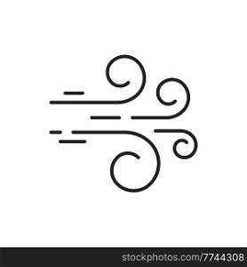 Windy weather isolated blowing wind swirls outline icon. Vector hurricane stream, cold weather symbol. Curve lines and strokes, strong storm swirls, climate, meteorology and air conditioner sign. Blowing wind, windy weather meteorology climate