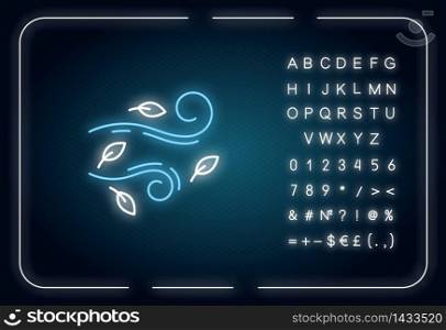 Windy weather neon light icon. Outer glowing effect. Autumn season meteo forecast, meteorology sign with alphabet, numbers and symbols. Cool breeze with leaves vector isolated RGB color illustration. Windy weather neon light icon
