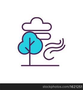 Windy weather RGB color icon. Countryside lands. Environment and ecosystem. Outdoor space. Flowing wind, cyclone forecast. Blowing swirl at tree. Spring season. Isolated vector illustration. Windy weather RGB color icon