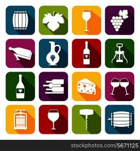Wine alcohol drink flat icons set of grape cheese corkscrew isolated vector illustration