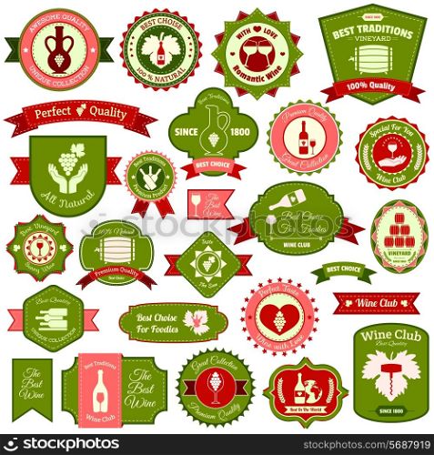 Wine alcohol drink label emblems and ribbons flat colored set of isolated vector illustration