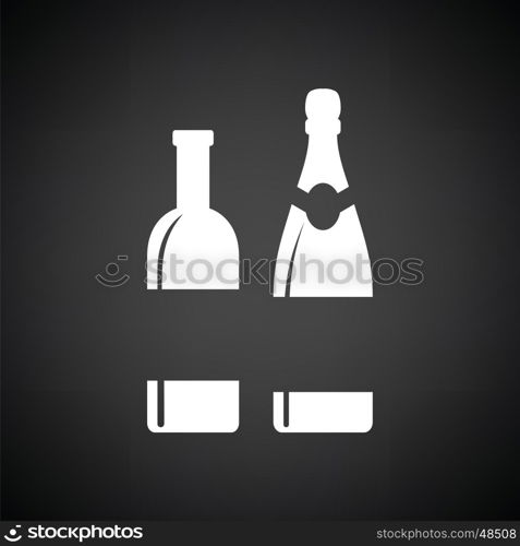 Wine and champagne bottles icon. Black background with white. Vector illustration.