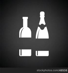 Wine and champagne bottles icon. Black background with white. Vector illustration.